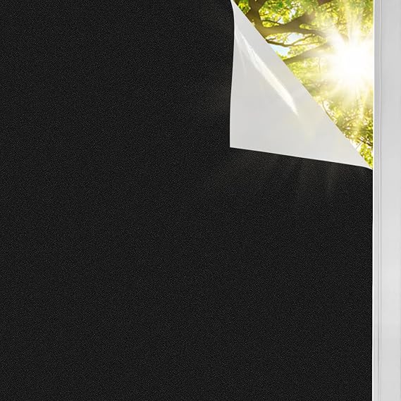 Total Blackout Window Film 44.5 X 200cm, Shackcom 100% Light Blocking Glass Film with Heat Resistant White Side Static Cling Coverings - Room Darkening for Privacy & Day Sleep - No Residue & Anti UV