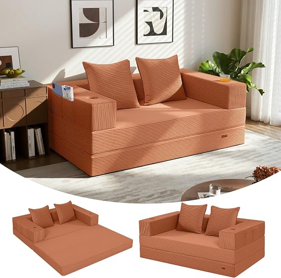 MeMoreCool Convertible Folding Sofa Bed, Corduroy Boneless Couch, Orange