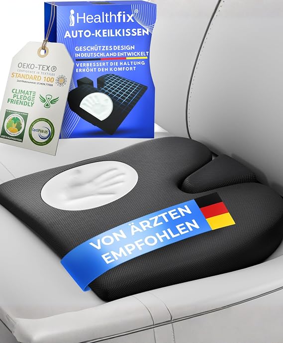 Healthfix® Auto-Keilkissen – ergonomisches orthopädisches Sitzkissen fürs Auto rutschfest & waschbar – Memory-Foam Härtegrad - Soft (45–70 kg)