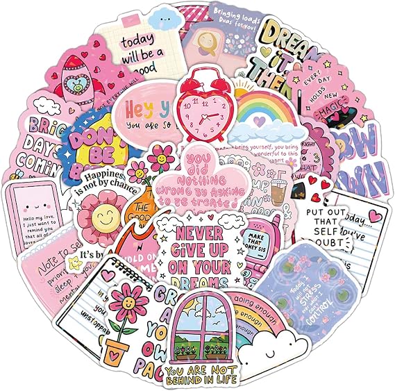 50Pack Pink Reminders Motivational Stickers, Inspirational Cartoon Laptop Stickers, Positive Waterproof Journal Sticker, Affirmation Sticker for Scrapbook, Water Bottles, Laptops