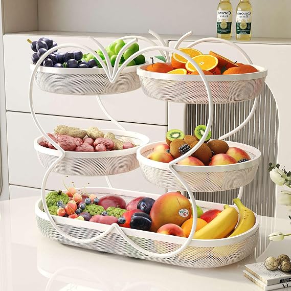 5-Tier Fruit Baskets, Decorative Countertop Fruit Basket Fruit Bowl Bread Basket Vegetable Rack for For Fruit, Vegetables, Snacks, Home, Kitchen Storage,White