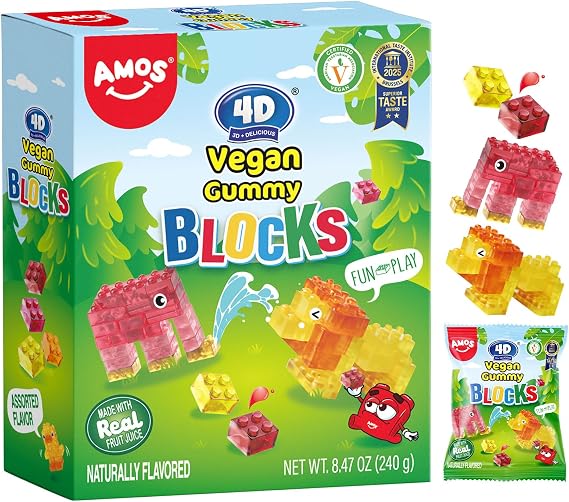 AMOS Vegan Gummy Blocks, Assorted Naturally Flavoured Candy Sweets 240g