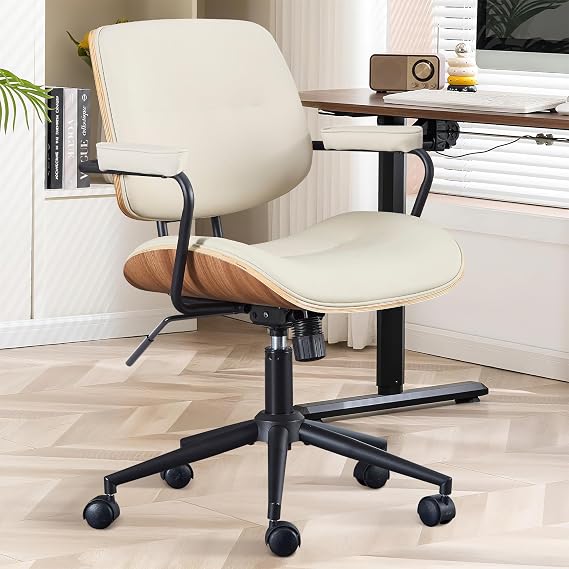 Office Computer Desk Chair Mid Century Modern Office Chair Swivel Rolling Task Chair with Armrests and Walnut Back, Adjustable, 360 Swivel for Home Office Beige