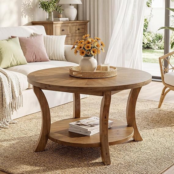 80cm Round Solid Wood Coffee Table with Storage Shelf, 2-Tier Centre Table for Living Room, Modern Wood Accent Furniture for Small Spaces, Living Room, Brown