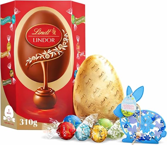 Lindt Chocolates Easter Egg for Easter Gifts - Large Milk Chocolate Rainbow Chocolate Egg with Assorted Truffles 310g & Topline Easter Wooden Decoration. Great Gifts for Women, Mum