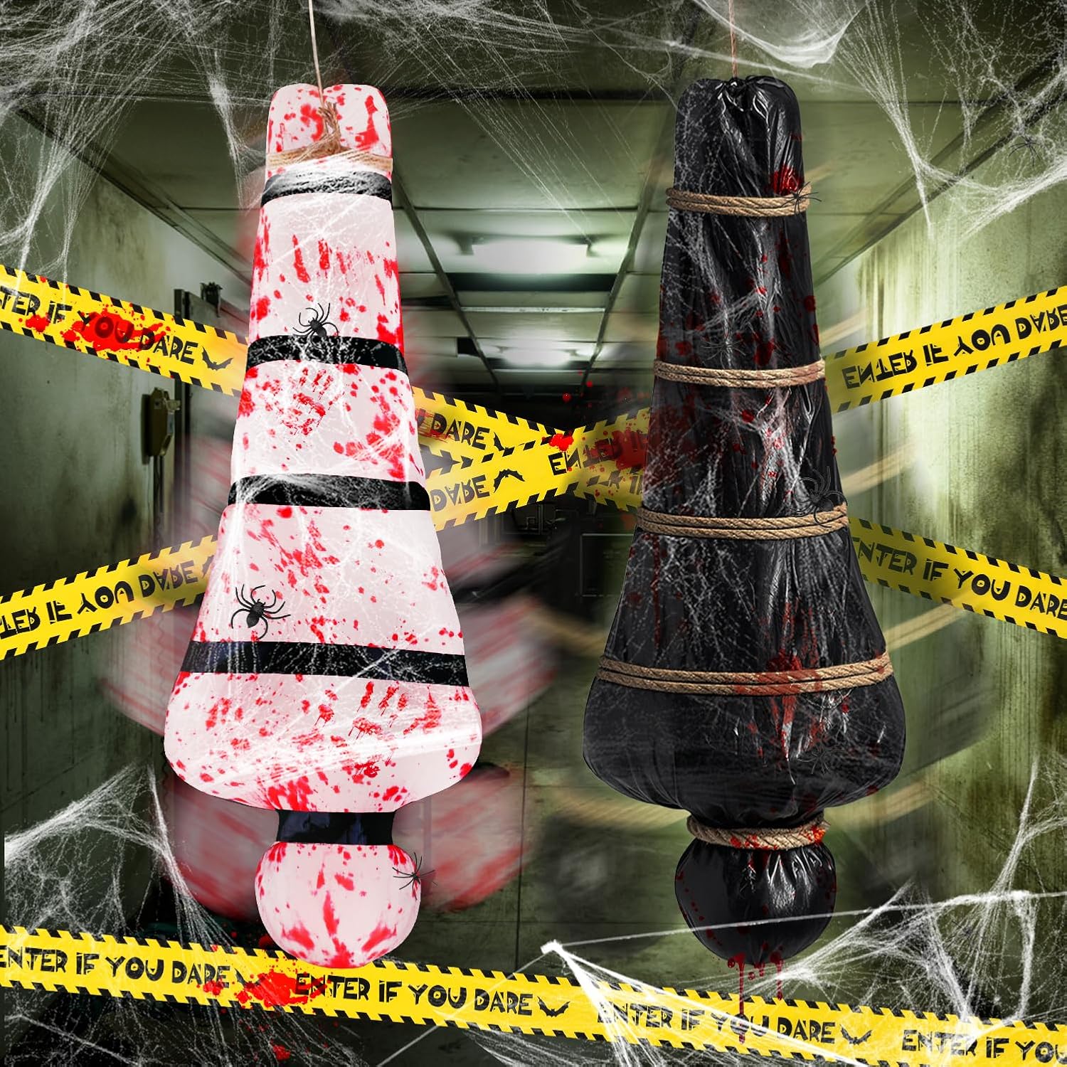 iZoeL 2 Set Reusable Halloween Body Bag 2pcs Inflatable Fake Corpse Prop 4.9ft, Caution Tape - Outdoor Halloween Decorations Indoor Garden Haunted Houses Props