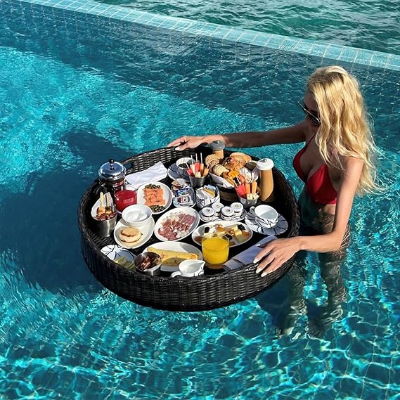 Round Floating Serving Tray for Pool, Swim Breakfast Tray with Handles, Pool Drink Holder, Beach Party Buffet Table, Durable Waterproof Design for Summer Fun