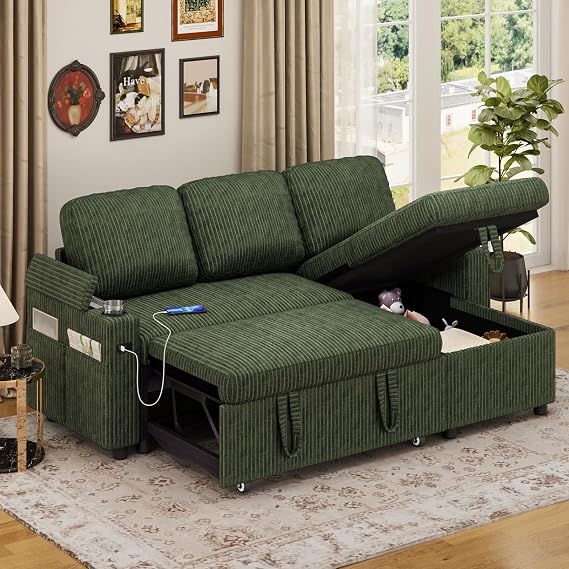 Corner Sofa Bed, L-Shaped Sleeper Sectional Couch Bed, 3-in-1 Corduroy Convertible Pull Out Sofa Bed with Adjustable Backrest, Storage, USB and Cup Holder for Living Room, Green