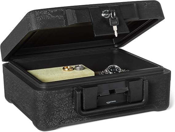 Amazon Basics Fireproof and Waterproof Document Safe Box with Key Lock, 6.2L Capacity, UL 72 Class 350 Fire Rated, Black