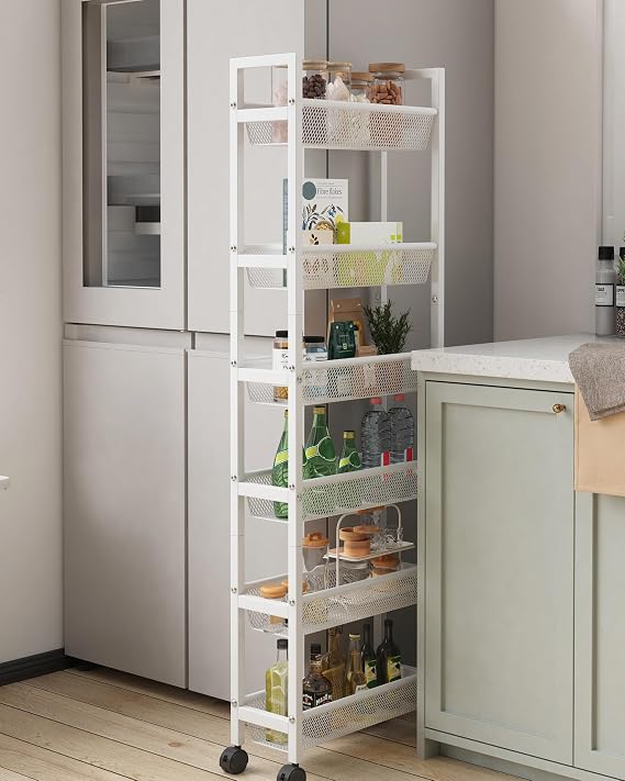 6 Tier Slim Storage Cart,Mobile Shelving Organizer with Handle White 15cm