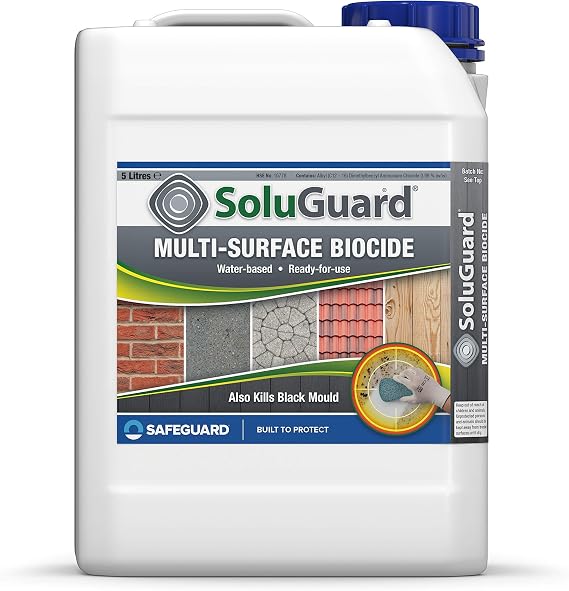Soluguard Multi Surface Biocide - 5L - High Strength, Ready for Use Fungi, Mould, Lichen & Algae Remover on Internal and External Walls, Brick, Render, Stone, Driveway, Roof Tiles & Other Surfaces