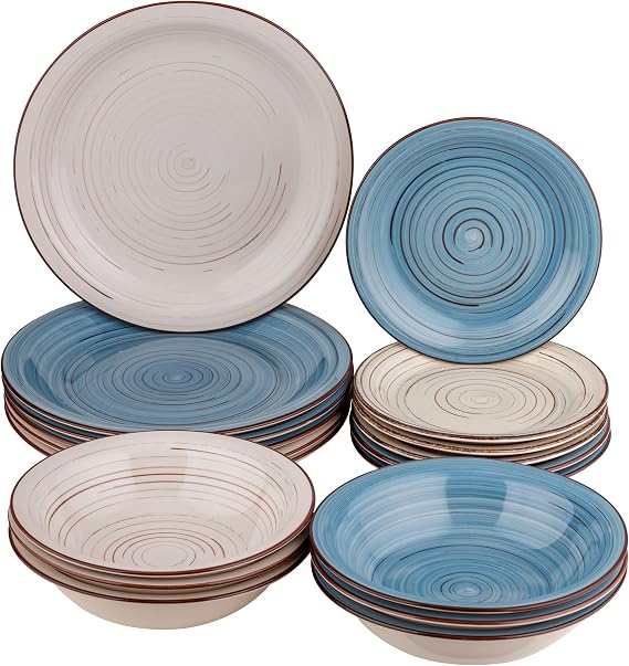Baroni Home 18-Piece Ceramic Dinnerware Set, Decorated Dinnerware Set for 6, Deep Plate, Plate, Fruit, Dessert (Blue&Grey Style)