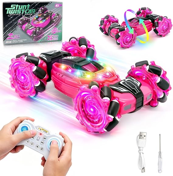 DELEE Remote Control Cars 360° Flips RC Stunt Car, 4WD Remote Control Toy Car with LED Lights Cool Birthday Gifts for Boys Girls Age 6-12 Years (Pink)