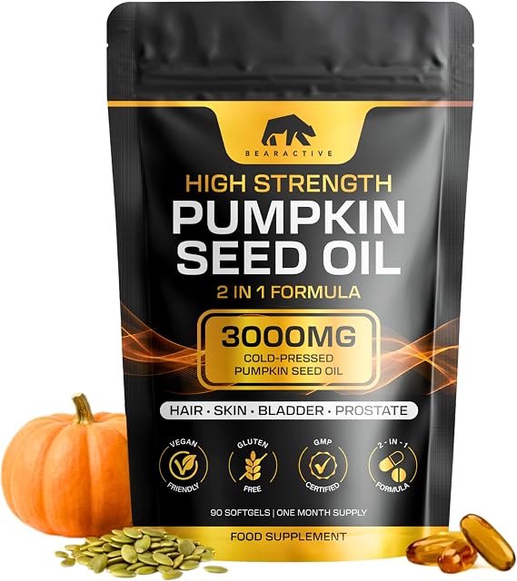 Pumpkin Seed Oil Capsules 2-in-1 Formula – 3000mg High Strength Cold Pressed Pumpkin Seed Oil – Omega 3 6 9 Capsules Supplement – Prostate & Bladder Support – 90 Softgels