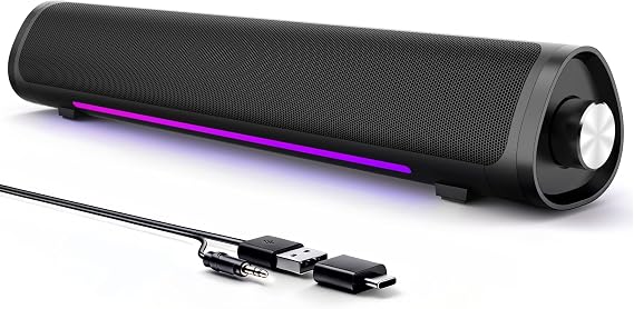 Computer Speakers for Desktop PC, Gaming PC Sound Bar, Plug and Play - USB Power with 3.5mm Audio, RGB Gradient Lighting, One-knob Control, for Computers/Laptops/Monitors (USB&3.5mm - Black)