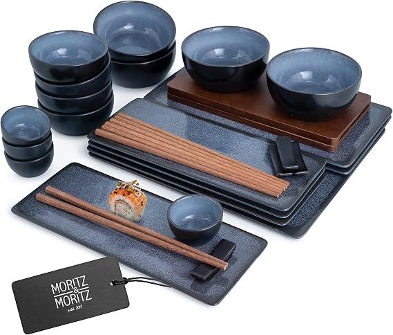 Moritz & Moritz VIDA 29-Piece Sushi Set for 4 - Large Japanese Dinnerware Set with Sushi Plates, Miso Bowls, Dipping Dishes & Chopsticks - Elegant Sushi Serving Set in Blue and Natural Wood