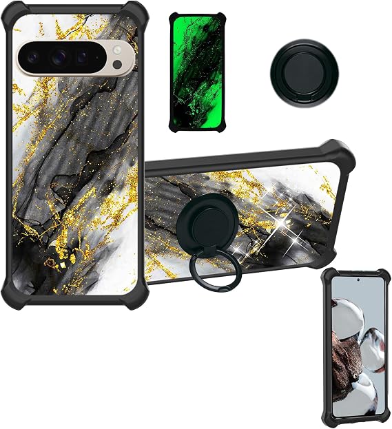 Aroepurt Case Compatible for IQU SMARTEasy Q50 seniors smartphone Phone Case Cover [with Tempered Glass Screen Protector][Hard PC + Soft Silicone][Ring Support] [Gold Glitter+Luminous] JSH-HDL
