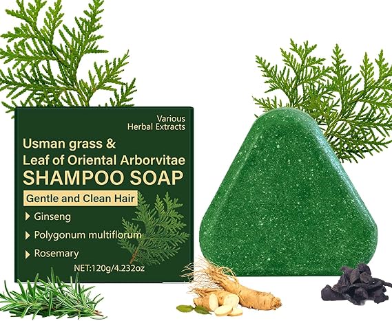 Nature Triangle Usman Grass Shampoo Bar, Seven Green Solid Shampoo Piece with Leaves of the Oriental Tree of Life, Polygonum Multiflorum and Rosemary, Deep Cleansing, Strengthens and Smooths Hair