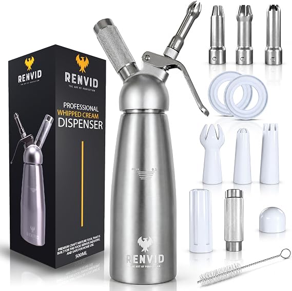 Professional Whipped Cream Dispenser–500mL Aluminium Whip Maker Canister with 2 Sets of Stainless Steel & Plastic Tips, Cleaning Brush & Mesh Storage Bag–Leak-Proof & Easy to Use for Homemade Desserts