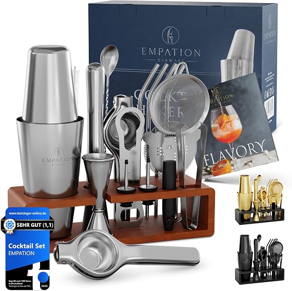 Empation Cocktail Set [Test Winner] 825 ml Boston Cocktail Shaker Made of Stainless Steel Easy to Open & No Jamming Professional Shaker Set with Stand & Recipe Book Mix Set for Bartender