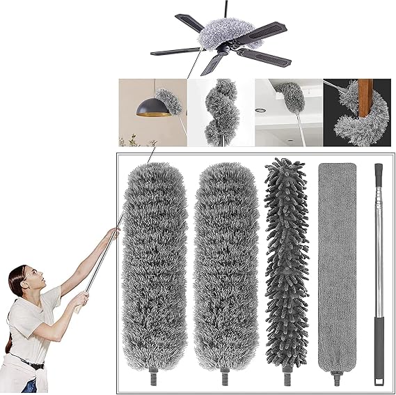 Feather Duster 5Pcs Extendable Bendable Microfiber Dusters for Cleaning 30-100 Inches Long Handled Washable for Cars Ceiling Fan Furniture