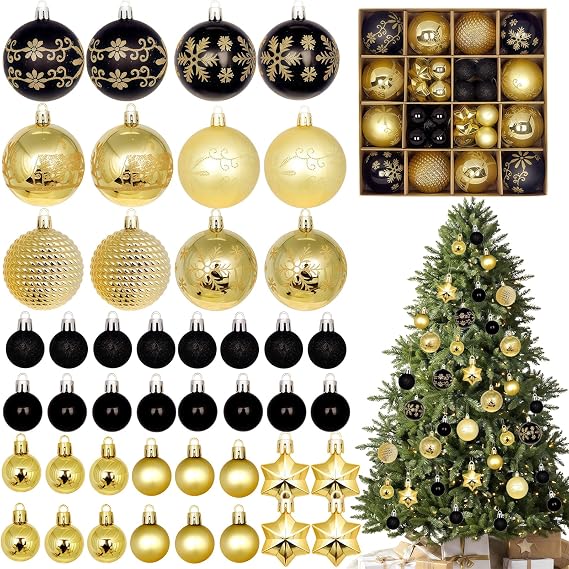 44pcs Christmas Tree Baubles Decorations,Black Gold Xmas Ball Ornaments 3cm 6cm Mini Baubles Hanging Ball Plastic Christmas Bauble for Xmas Tree Decorations,Home Party,Winter Decor