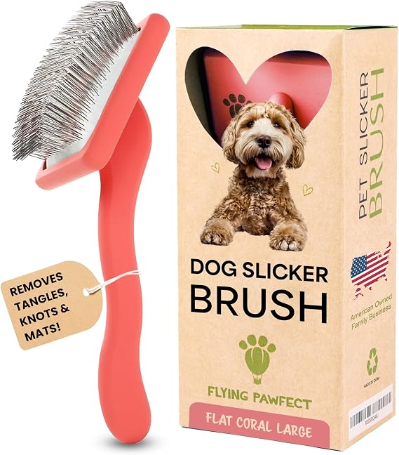 Slicker Brush for Dogs - Long Pin for Poodles, Doodles & Long Haired Dogs, Deshedding & Dematting Tool, Slicker Dog Brushes for Grooming (Coral, Flat Large)