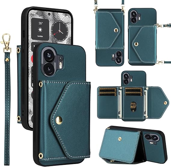 ウォレットケース Nothing Phone 2用 リストランヤード ショルダーストラップ付き スリムフリップパース、高級PUレザークレジットカードホルダースタンドアクセサリー 携帯電話カバー 女性2人用 メンズ グリーン