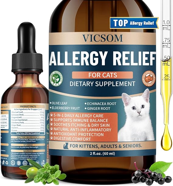 VICSOM Cat Allergy Support Drops, Cat Itchy Skin & Coat Care, 60ml