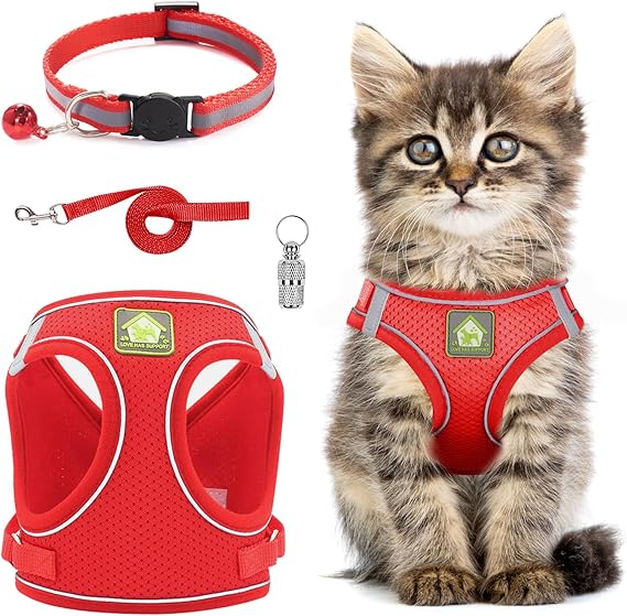 Cat Harness and Lead Set,Adjustable Reflective Stripe Cat Kitten Walking Vest with Leash Cats Collar,Escape Proof Soft Mesh Vest Harness and Lead for Small Medium Cats Pets Walking