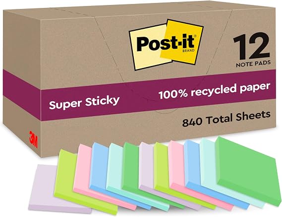 Post-it Super Sticky Recycled Notes, 12 Pads, 70 Sheets per Pad