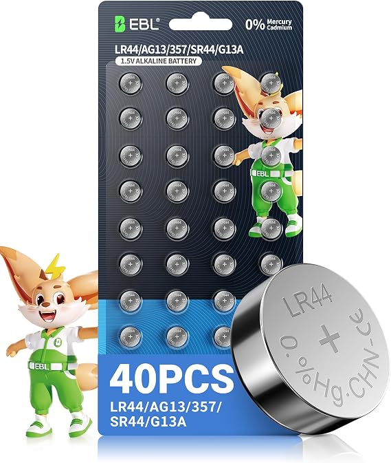 EBL LR44 Button Cell Batteries LR44 AG13 A76 357 Alkaline Batteries Free from Mercury 1.5 V Button Cells for Watches Calculators Remote Controls Blood Glucose Meters & Toys Pack of 40