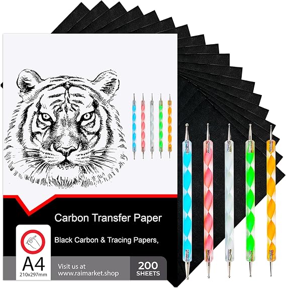 200 Sheets Black Carbon Paper for Tracing On Fabric, Carbon Paper for Tracing on Wood & Canvas, 5 Stylus, Tracing Paper for Drawing Sewing Patterns, A4 Graphite Transfer Paper