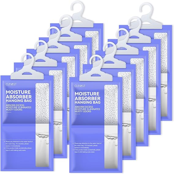 CLEVAST 10 Pack Wardrobe Dehumidifier Hanging Bags, Hanging Dehumidifiers for Wardrobes, Moisture Absorber for Wardrobe, Cupboards, Bedrooms, Washrooms, Basement, Office – 230g Each