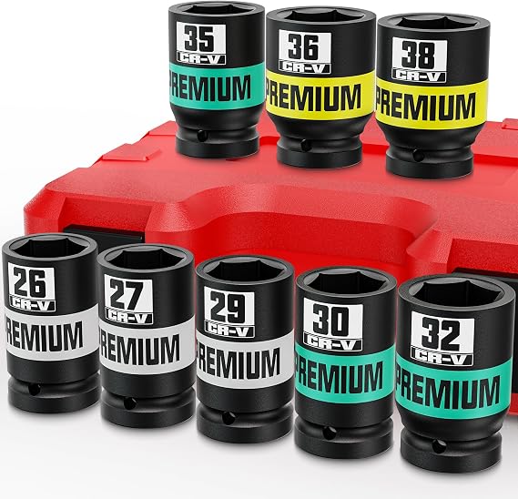 3/4" Drive Impact Socket Set, 8Pcs Deep Sockets, 26-38 mm Jumbo Socket Set, Repair Automotive Truck Tractor Engine Maintenance
