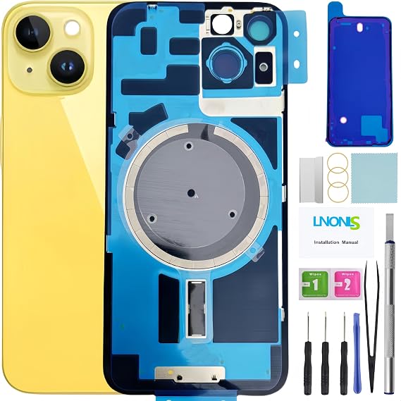 14 バックガラス 交換用 iPhone 14用 リアバックカバーガラス 防水フレームとカメラレンズ+プロフェッショナル修理ツールキットイエロー