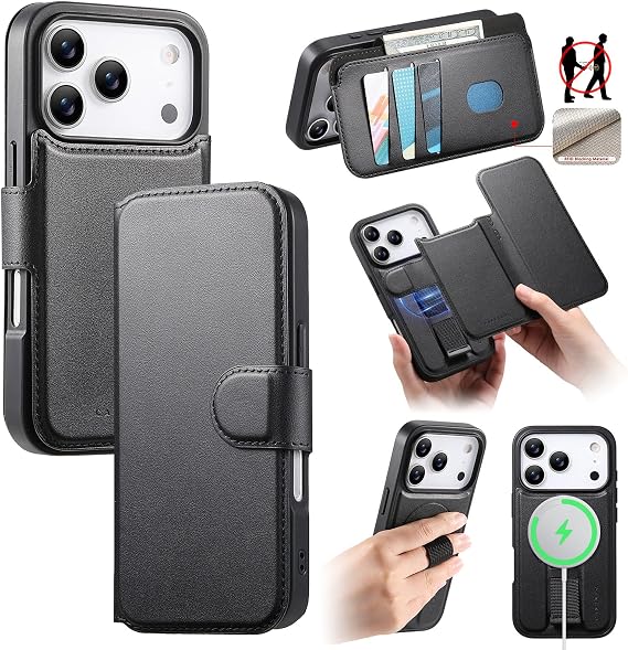 iPhone 17用ウォレットケース、カードホルダー、RFIDブロッキングPUレザーフリップフォリオ伸縮式フィンガーストラップカバー、取り外し可能な磁気キックスタンド耐衝撃ケース レディース メンズ ブラック