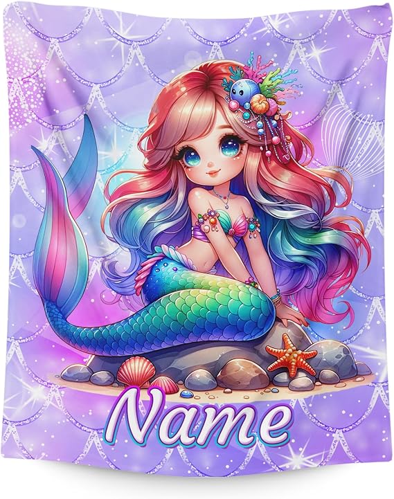 Personalised Mermaid Blanket for Girls – Custom Name Soft Fleece Throw, Kids Cosy Bed Blanket Gift for Birthday, Travel & Nap