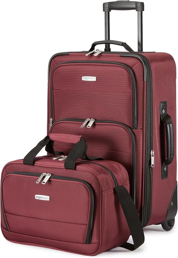 Amazon Basics 2-Piece Luggage Set, Expandable Cabin Suitcase (58 cm) and Tote Bag (25 cm), Soft Shell Suitcase with Wheels, Lightweight Polyester, Red, for Travel Work Weekend Breaks