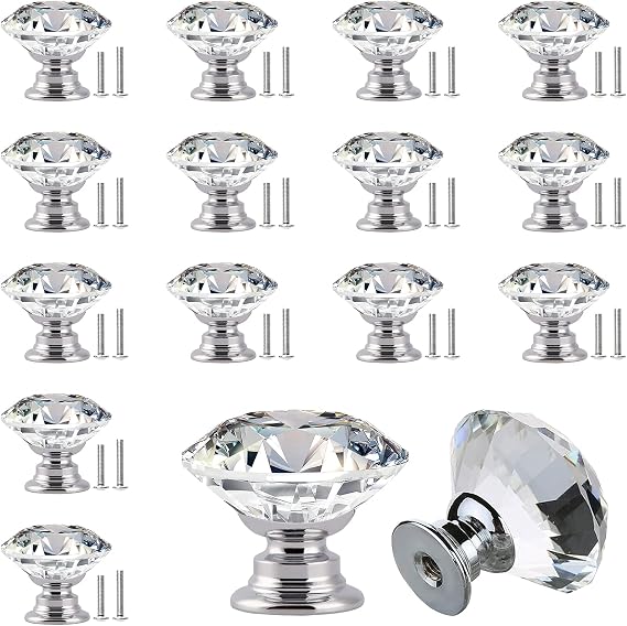 16 Pack Crystal Cabinet Knobs 25mm Glass Diamond Door Handles,Clear Diamond Cupboard Drawer Pull Handle with 2 Sizes of Screws,for Furniture Cabinet Drawer Dressing Table Decoration