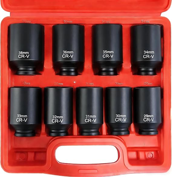 C&T ‌Driveshaft Sockets,9 Piece 1/2" Heavy Duty Impact Socket Set (29, 30, 31, 32, 33, 34, 35, 36, 38mm) – CR-V Metric Axle Hub Nut Set, 6-Point Hex Impact Sockets for Automotive & Machinery