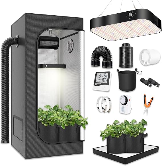Grow Tent Complete Set 40 x 40 x 120 cm Grow Tent Kit with 200 W LED Full Spectrum Grow Lamp Dimmable Grow Tent Kit Complete Hydroponics Grow Tent Complete Set