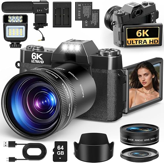 6K 64MP Digital Camera with WiFi, 16X Digital Zoom, Wide Angle/Macro Lenses