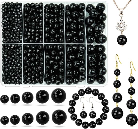 GerRiT ジュエリー作りのためのアクリルラウンドビーズ、キャンディーカラープラスチッククラフトビーズ穴付き 4mm 6mm 8mm 10mm 12mm ルーススペーサー ネックレス ブレスレット イヤリング リング チョーカー ウェディド 装飾 ブラック