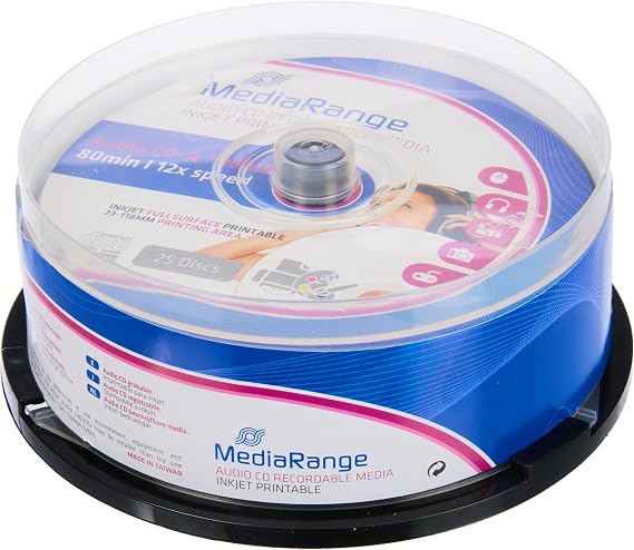 MediaRange Audio CD-R 700MB|80min 12x Write Speed, Full Surface Printable (Inkjet Printer), Cake Box of 25