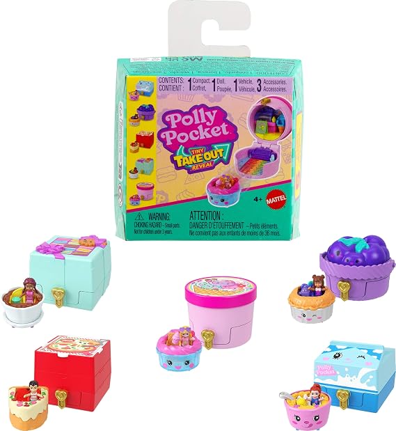 Polly Pocket Tiny Takeout Reveal Çeşitli, oyuncak bebek ve araba kutusu, yemek temalı araç koleksiyonu, sürprizler dahil, JCR44