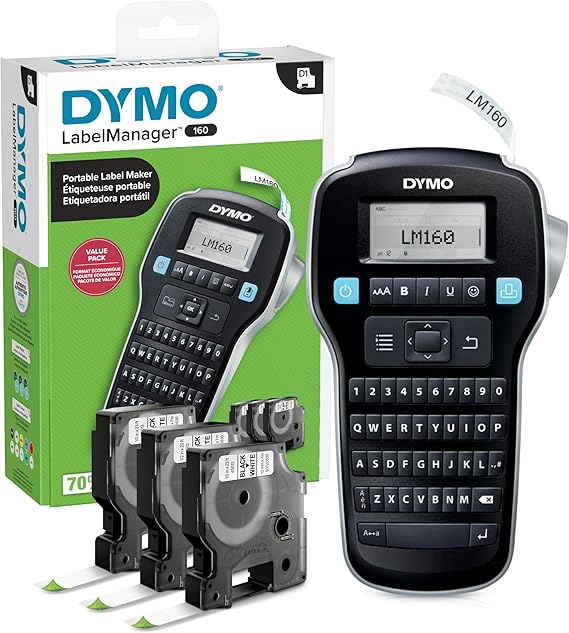Dymo Label Maker with 3 D1 Label Tapes | LabelManager 160 Portable Label Maker, QWERTY Keyboard, One-Touch Smart Keys, Easy-to-Use, for Home & Office Organization