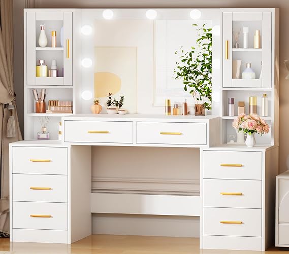 BEWISHOME Large Coiffeuse Avec Miroir LED et Lumières, Adjustable