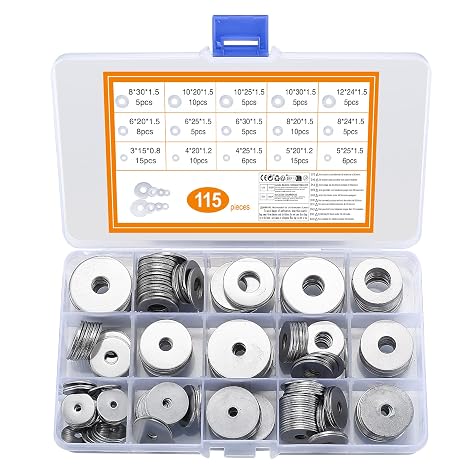 115 Pcs Washer Assortment Kit, Stainless Steel Flat & Lock Washers M3‑M12