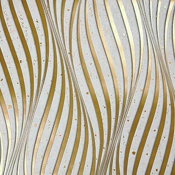 Gold and White 3D Wave Stripes Glitter Wallpaper 9.5×0.53m,Embossed Roll for Living Room Bedroom Kitchen Front Room,Non Woven Fabric Wallpaper Luxury Modern Abstract